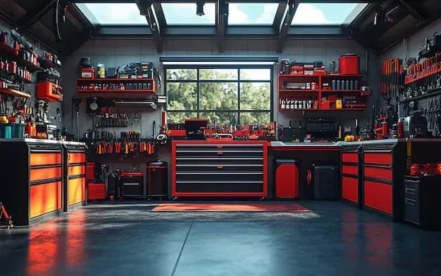 Fotorealistische Aufnahme einer modernen Autowerkstatt mit Hebebühne, Werkzeugen und gut organisierter Arbeitsumgebung – Symbol für professionelle Fahrzeugwartung und digitale Prozesse in der Garage.