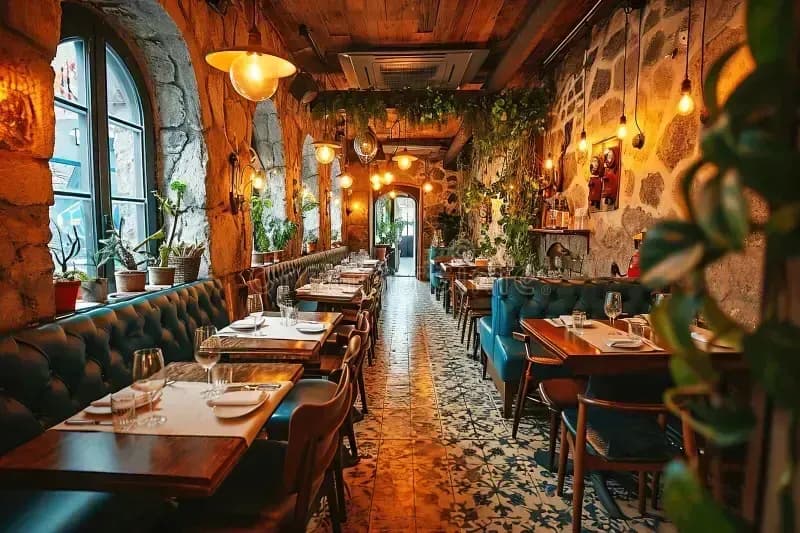 Gemütliches Pizzeria-Restaurant mit traditionellem Holzinterieur, romantischer Beleuchtung und europäischem Design – Symbol für Gastfreundschaft und modernen Genuss in der Gastronomie.
